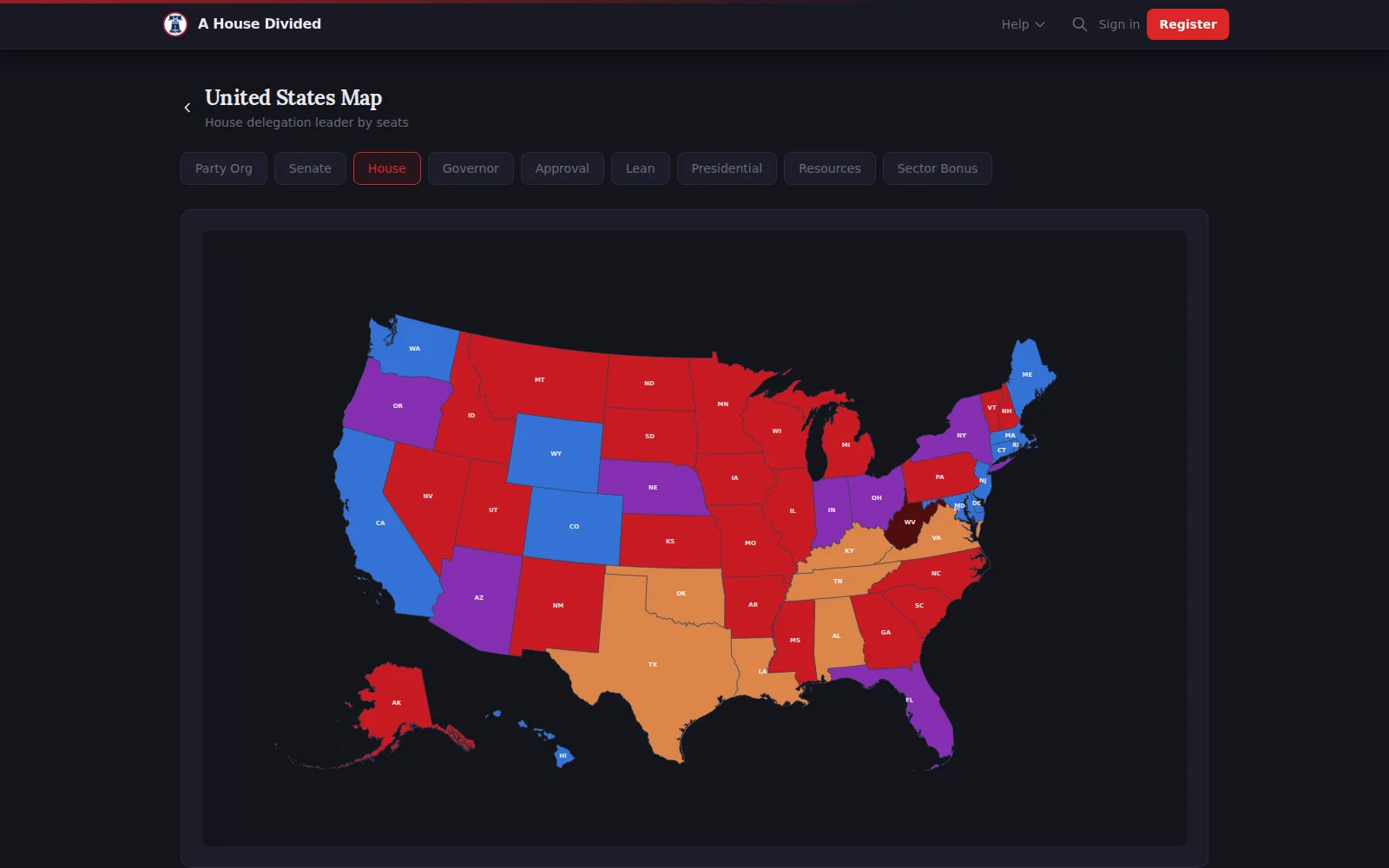 A House Divided: United States map colored by House delegation control