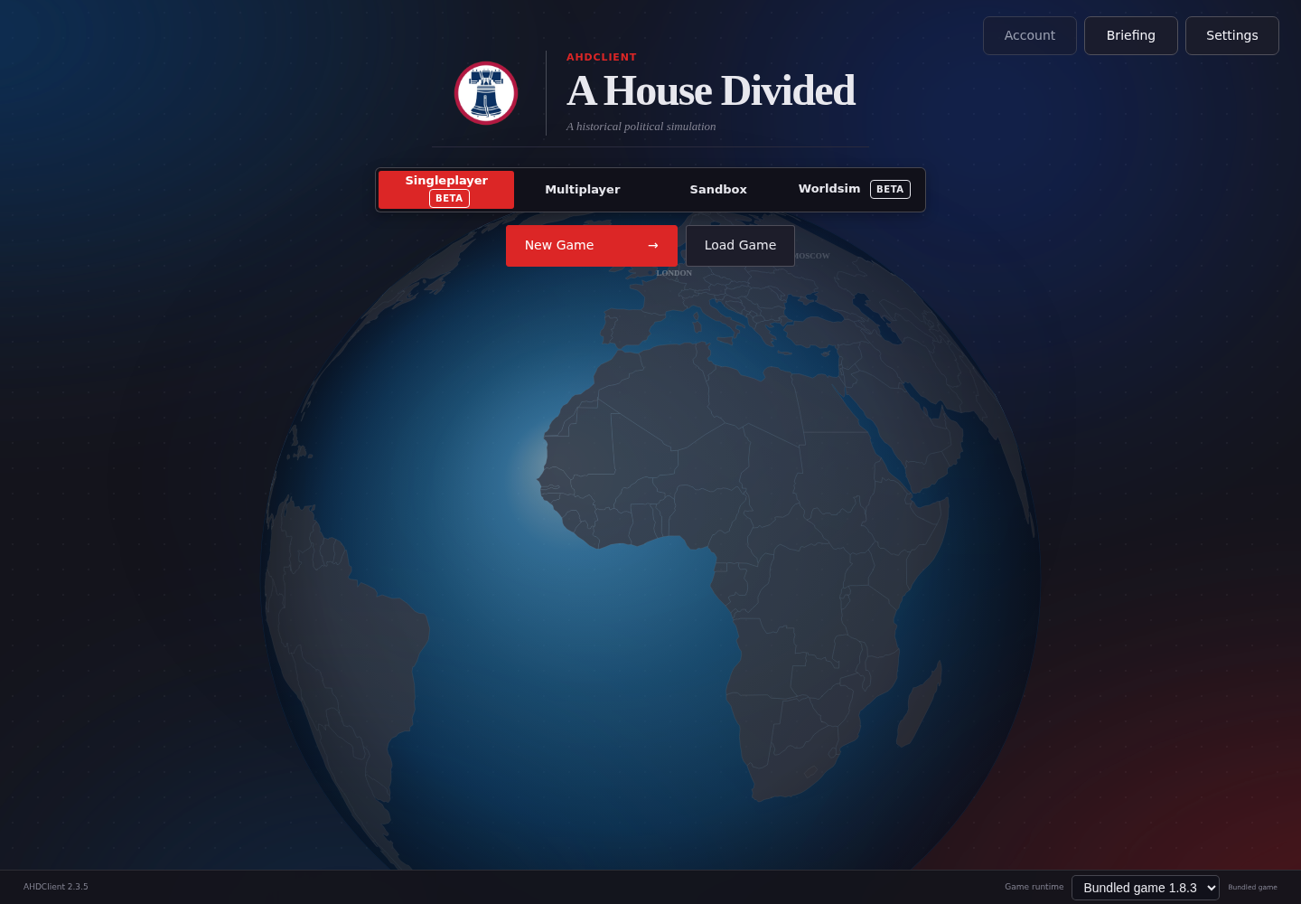 AHDClient 2.3.5 launcher showing Singleplayer and Worldsim beta modes