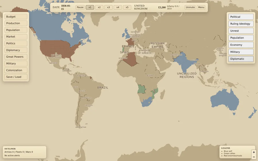 The diplomatic map mode showing relations and blocs