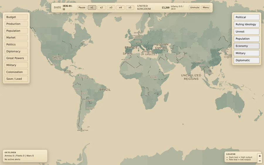 The economy map mode, provinces shaded by output