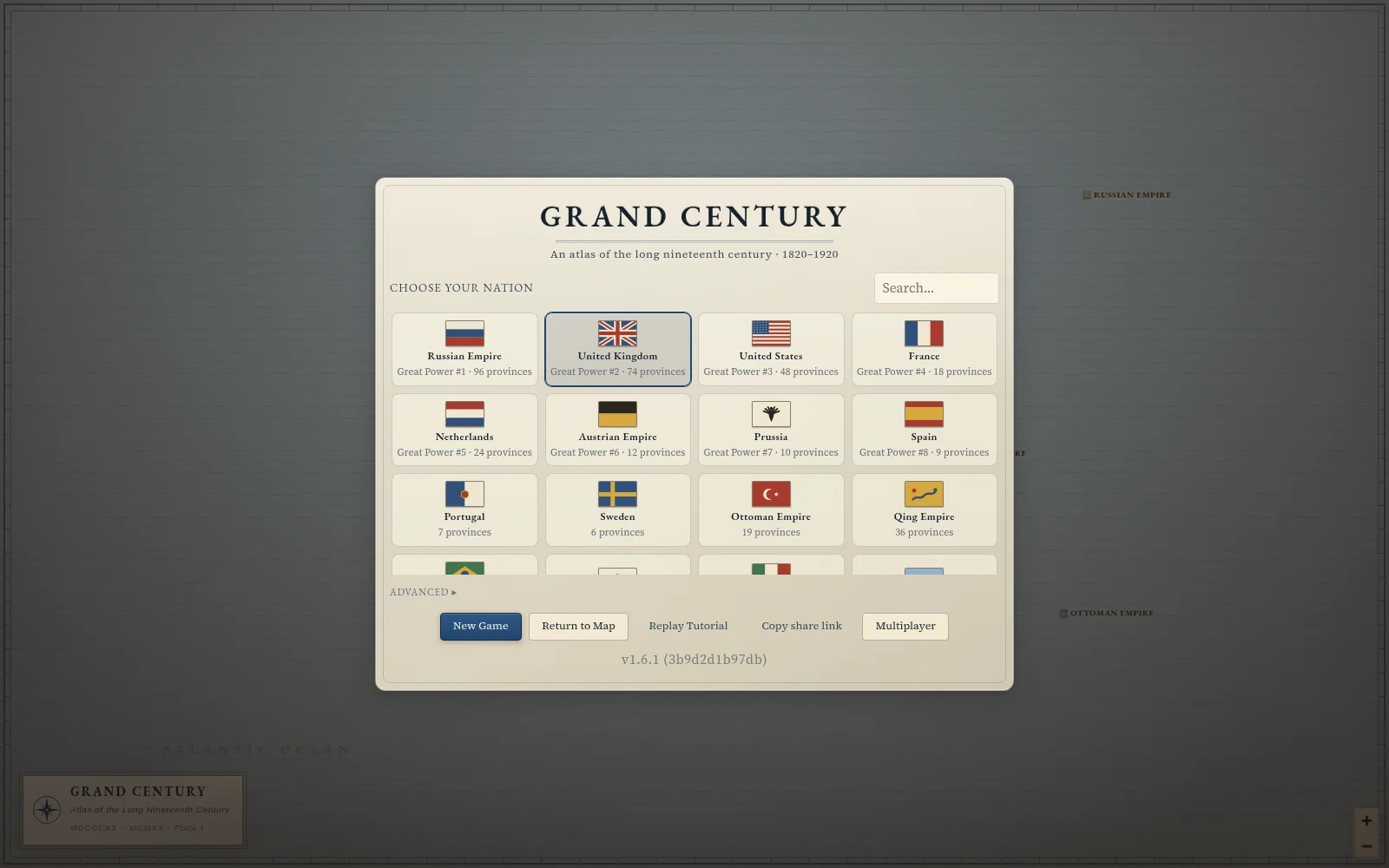 Grand Century's live 1836 country selection screen