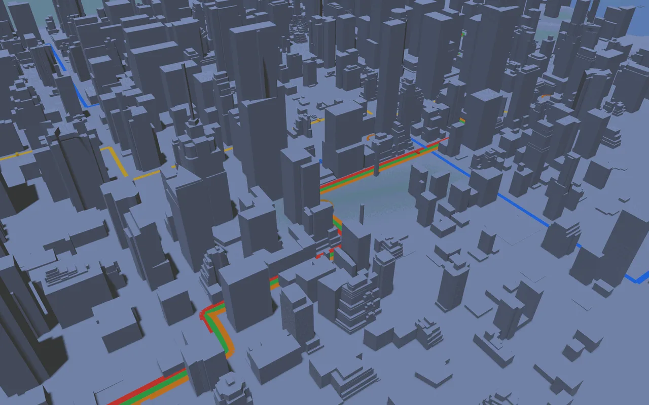 MetroForge: Manhattan rendered in 3D with subway lines threading between buildings