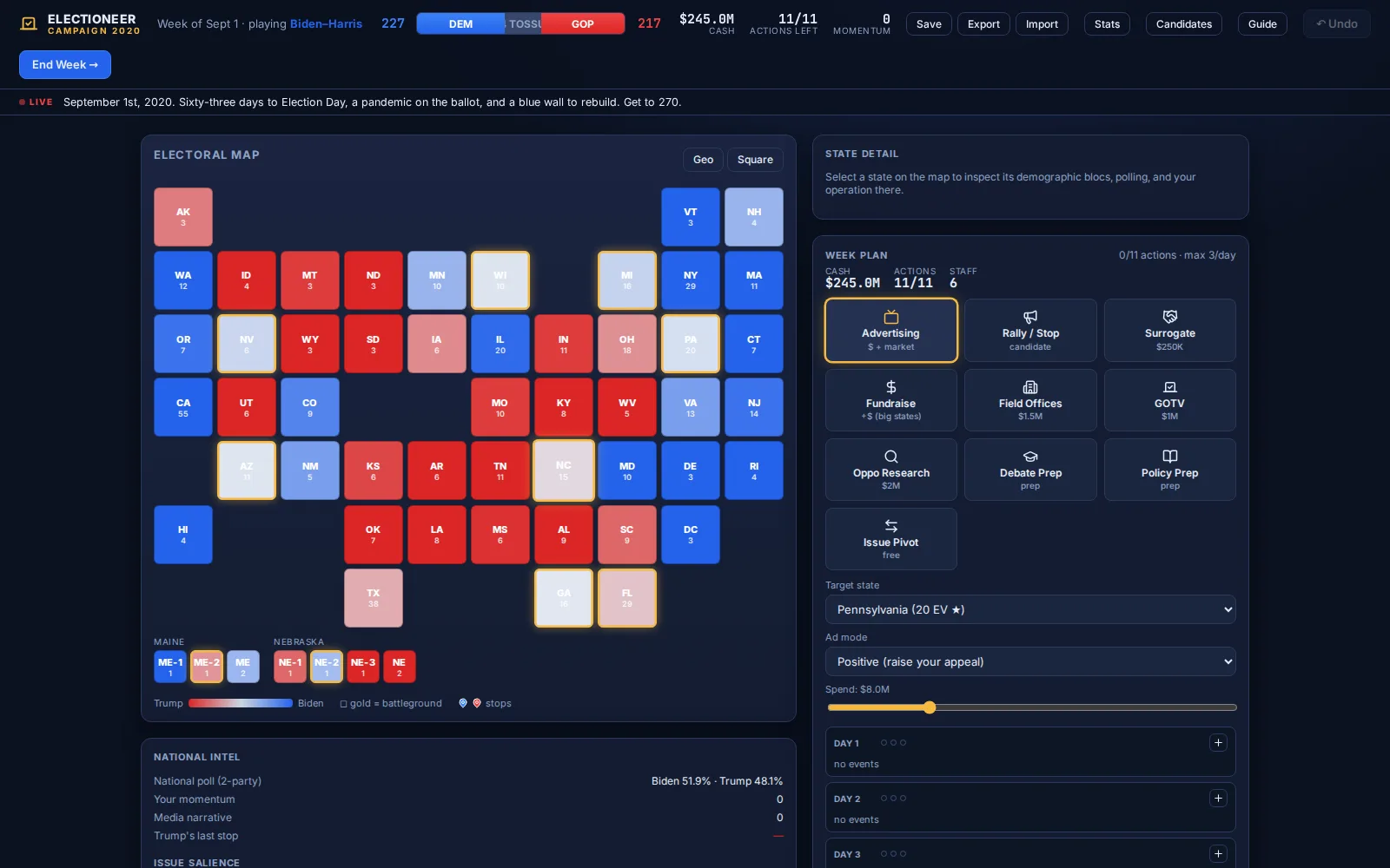 Electioneer: 2020 campaign war room with electoral map and weekly action plan
