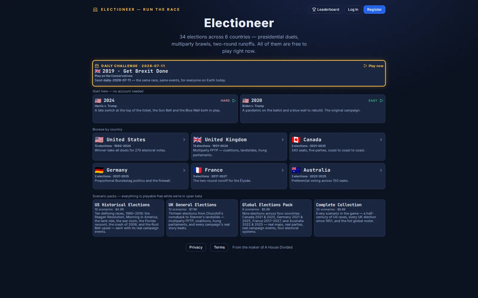 Electioneer: scenario select screen with campaigns from six countries