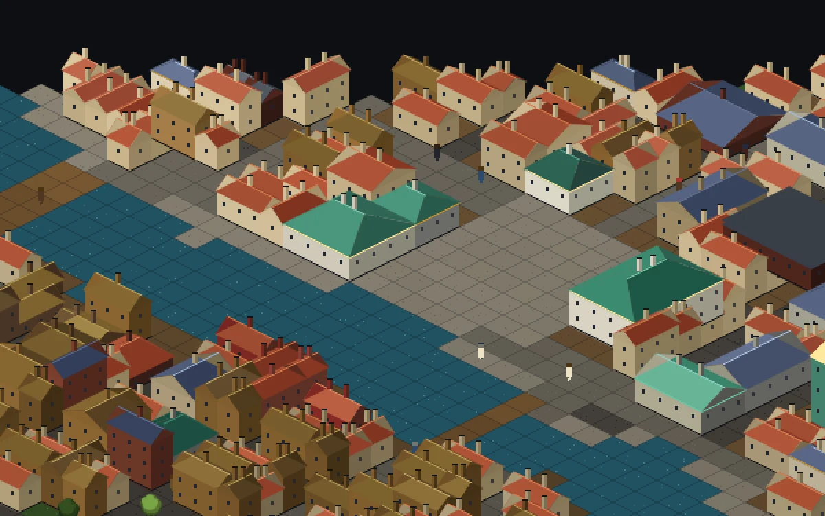 An 1890s city district seen from above in Verdigris